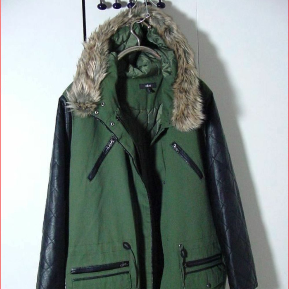 Ellos Green Cotton Parka Hooded Faux Leather Sleeve Coat Sz 2XL
